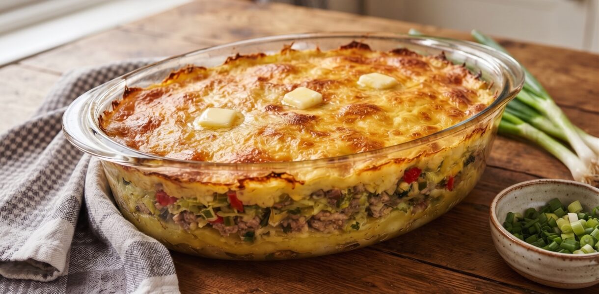 Zapiekanka warzywna przygotowana z puree ziemniaczanego, mięsa z surowej białej kiełbasy, kawałków sera i blanszowanej krojonej brukselki.