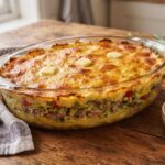 Zapiekanka warzywna przygotowana z puree ziemniaczanego, mięsa z surowej białej kiełbasy, kawałków sera i blanszowanej krojonej brukselki.