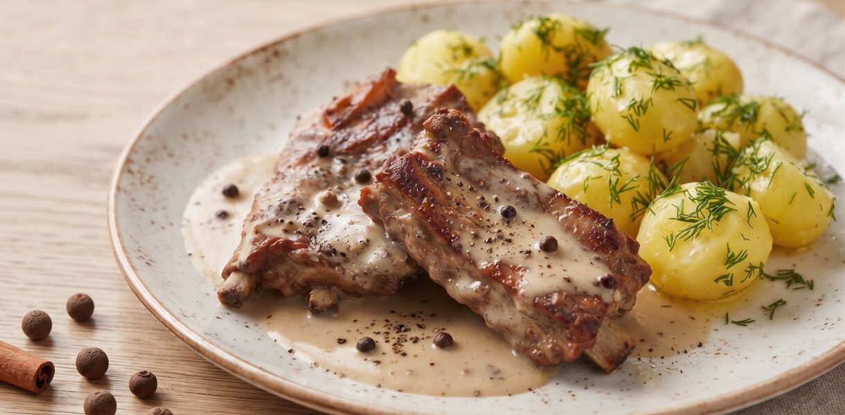 Żeberka wieprzowe duszone z dodatkiem czosnku, chilli, cynamonu, liścia laurowego oraz sporej ilości ziela angielskiego, na koniec doprawione śmietaną.