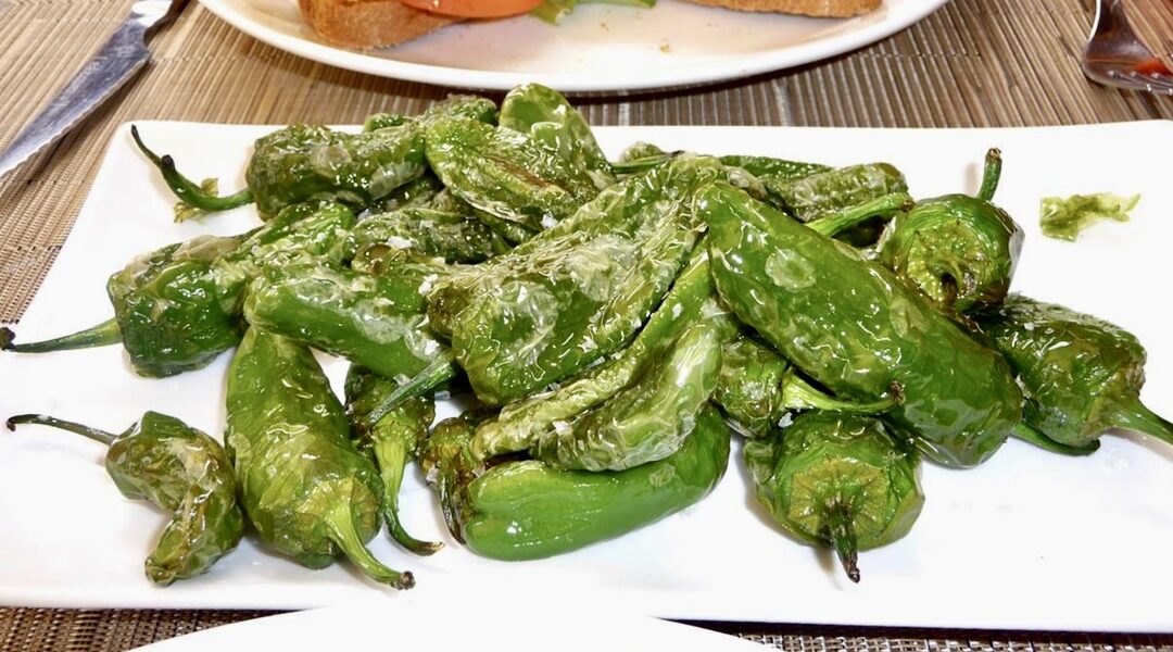 Zielone papryczki krótko smażone na oliwie, a następnie wyłożone na talerz i posypane gruboziarnistą solą morską.