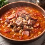 Pyszna zupa fasolowa przygotowana na żeberkach wędzonych oraz paprykowanej kiełbasie węgierskiej.