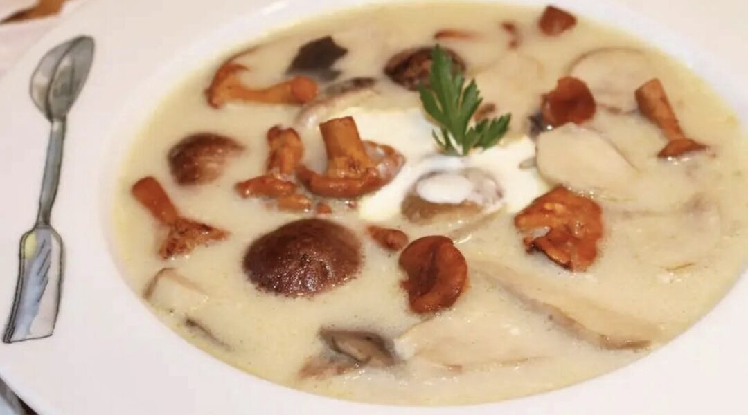 Zupa grzybowa ze świeżych grzybów leśnych przygotowana została na bazie delikatnego domowego bulionu jarzynowego i podbita na koniec dużą ilością kwaśnej śmietany.