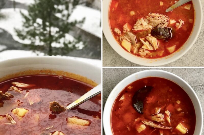 Zupa gulaszowa z bażanta przygotowana została na bazie wywaru z bażanta gotowanego z dodatkiem warzyw korzeniowych, suszonych grzybów i słoniny i doprawiona słodka mieloną papryką.