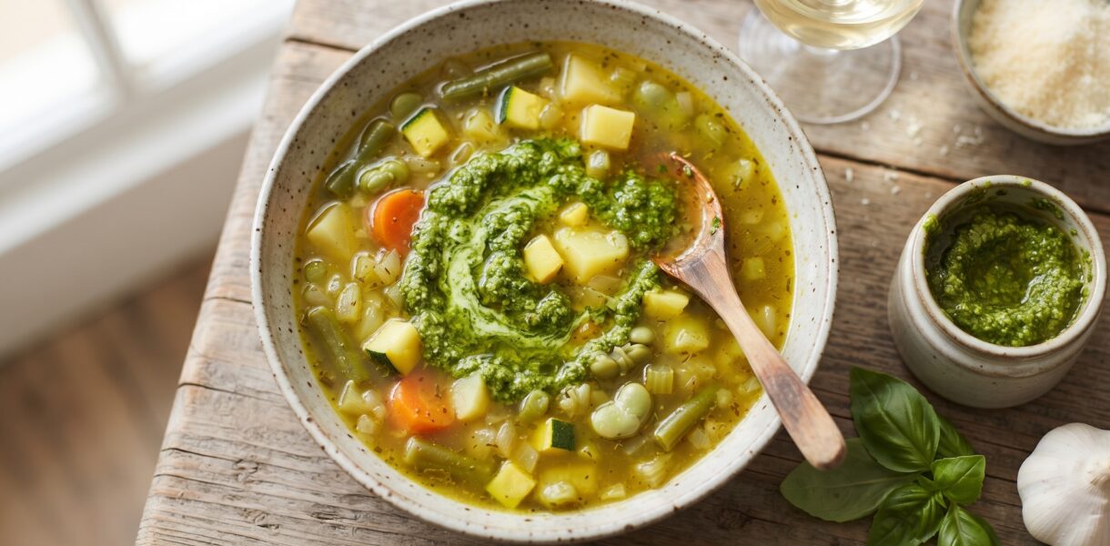 Zupa jarzynowa na bazie bulionu warzywnego z dodatkiem fasolki szparagowej, bobu i cukinii doprawiona domowym pesto bazyliowym.