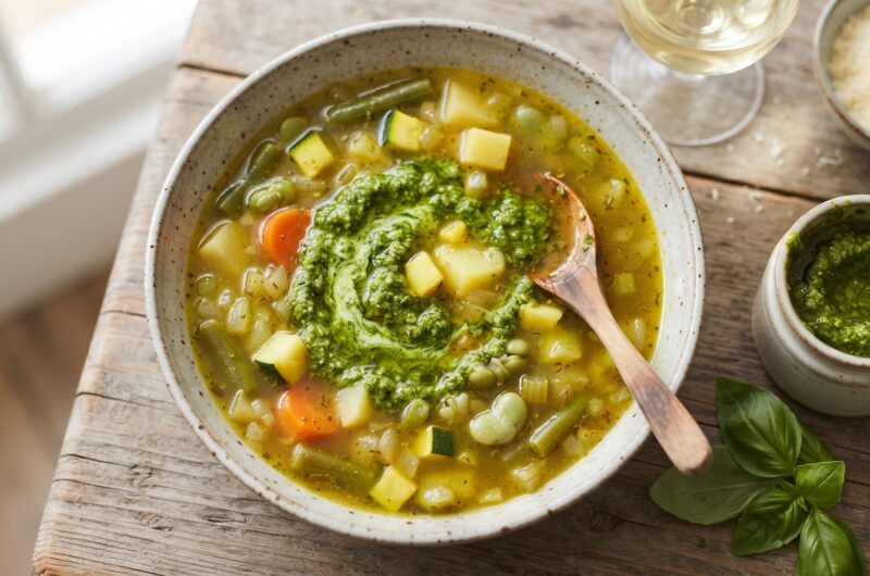Zupa jarzynowa na bazie bulionu warzywnego z dodatkiem fasolki szparagowej, bobu i cukinii doprawiona domowym pesto bazyliowym.
