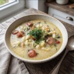 Zupa jarzynowa z kalafiorem i burakiem liściastym z dodatkiem cienkimi wędzonymi kiełbaskami frankfurterkami.