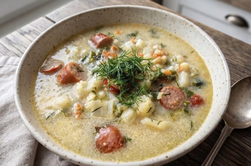Zupa jarzynowa z kalafiorem i burakiem liściastym z dodatkiem cienkimi wędzonymi kiełbaskami frankfurterkami.