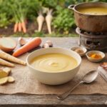 Zupa krem pietruszkowy na wywarze jarzynowym z dodatkiem warzyw korzeniowych oraz z imbirem i czosnkiem doprawiona kolendrą i kurkumą.