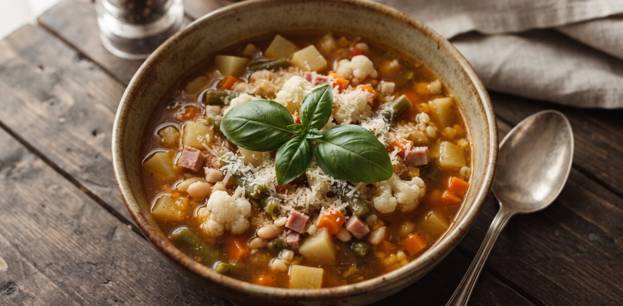 Zupa minestrone, czyli włoska zupa jarzynowa w wersji zimowej przygotowana na domowym bulionie drobiowym zrobiona na soffritto i z dodatkiem mrożonych warzyw.
