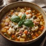 Zupa minestrone, czyli włoska zupa jarzynowa w wersji zimowej przygotowana na domowym bulionie drobiowym zrobiona na soffritto i z dodatkiem mrożonych warzyw.
