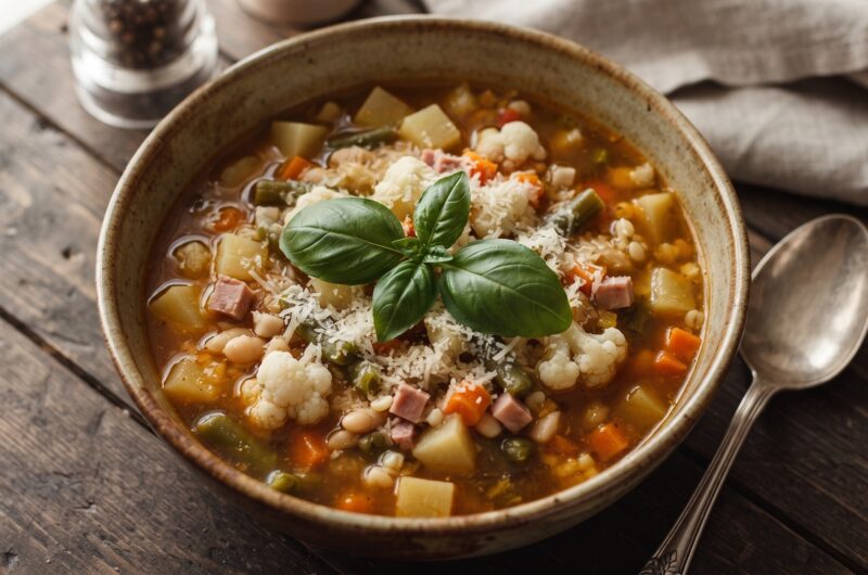 Zupa minestrone, czyli włoska zupa jarzynowa w wersji zimowej przygotowana na domowym bulionie drobiowym zrobiona na soffritto i z dodatkiem mrożonych warzyw.