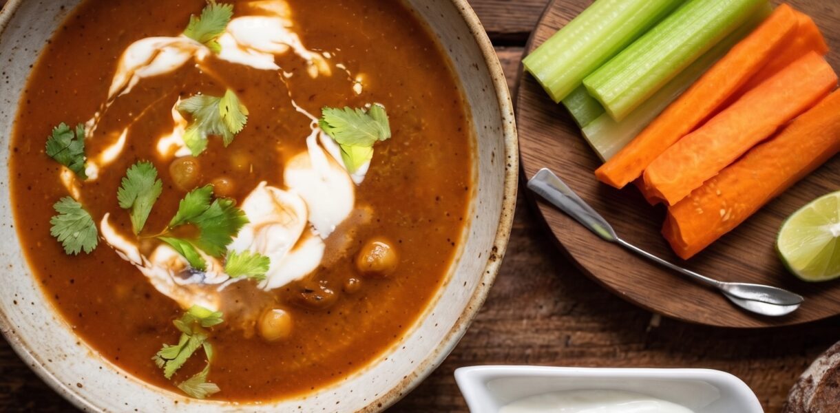 Zupa pomidorowa na bulionie drobiowym z dodatkiem fenkuła, startych pomidorów, ciecierzycy oraz ostrej papryczki chipotle przygotowana na ostro.