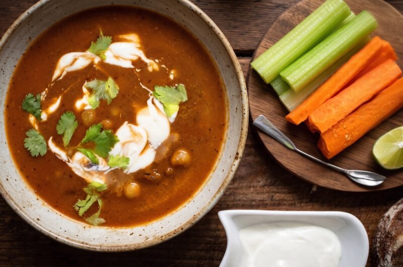 Zupa pomidorowa na bulionie drobiowym z dodatkiem fenkuła, startych pomidorów, ciecierzycy oraz ostrej papryczki chipotle przygotowana na ostro.