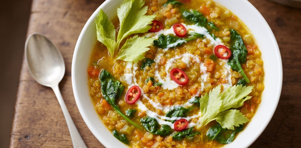 Zupa warzywna na bulionie domowym dodatkiem krojonych warzyw, chilli, imbiru, soczewicy podana ze szpinakiem i doprawiona octem winnym.