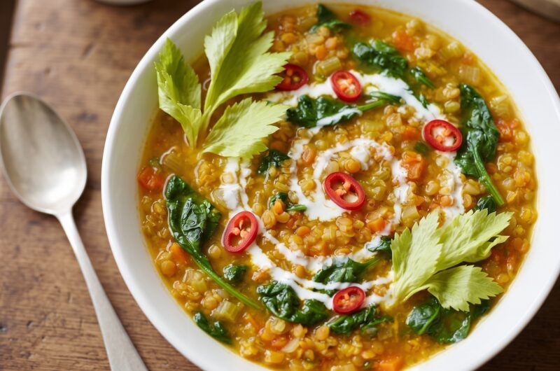 Zupa warzywna na bulionie domowym dodatkiem krojonych warzyw, chilli, imbiru, soczewicy podana ze szpinakiem i doprawiona octem winnym.