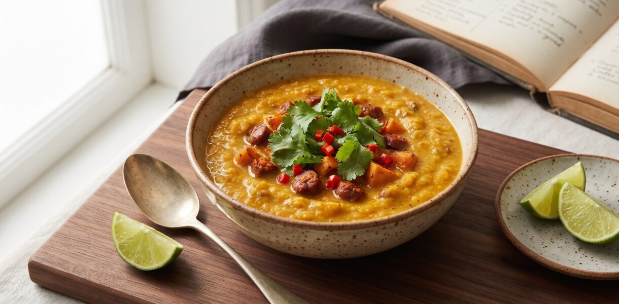 Aromatyczna zupa z batatów, paprykowanej kiełbasy chorizo, kilku warzyw i przypraw na koniec zmiksowana i podana ze świeżą kolendrą.