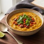 Aromatyczna zupa z batatów, paprykowanej kiełbasy chorizo, kilku warzyw i przypraw na koniec zmiksowana i podana ze świeżą kolendrą.
