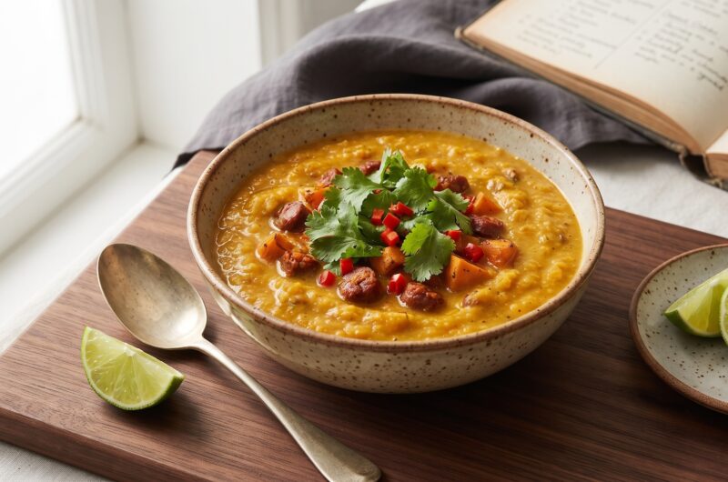 Aromatyczna zupa z batatów, paprykowanej kiełbasy chorizo, kilku warzyw i przypraw na koniec zmiksowana i podana ze świeżą kolendrą.