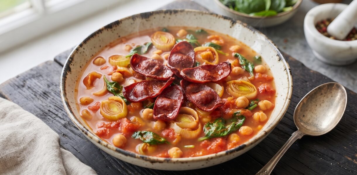Zupa z porem na bulionie warzywnym przygotowana z dodatkiem przesmażonego z kminem rzymskim pora oraz z ciecierzycą i chrupiącymi plastrami smażonej kiełbasy chorizo.