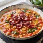 Zupa z porem na bulionie warzywnym przygotowana z dodatkiem przesmażonego z kminem rzymskim pora oraz z ciecierzycą i chrupiącymi plastrami smażonej kiełbasy chorizo.