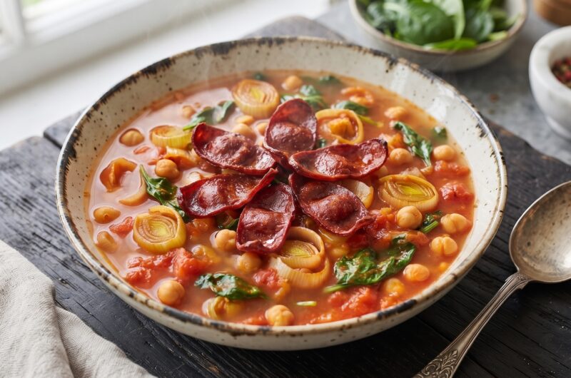 Zupa z porem na bulionie warzywnym przygotowana z dodatkiem przesmażonego z kminem rzymskim pora oraz z ciecierzycą i chrupiącymi plastrami smażonej kiełbasy chorizo.