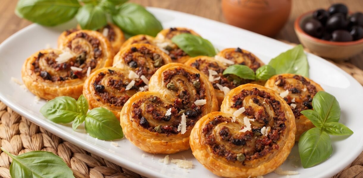 Palmiery na słono przygotowane z ciasta francuskiego wypełnionego zmiksowanymi oliwkami, salami, kaparami i suszonymi pomidorami, a następnie zawiniętego w rulon i pieczonego.