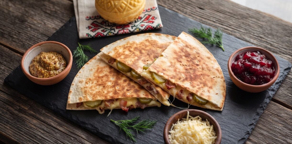 Quesadilla po góralsku czyli tortilla obłożona boczkiem, plasterkami ogórka kiszonego oraz ze startym oscypkiem, a następnie przykryta drugą tortilla i podgrzana na patelni.