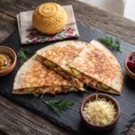 Quesadilla po góralsku czyli tortilla obłożona boczkiem, plasterkami ogórka kiszonego oraz ze startym oscypkiem, a następnie przykryta drugą tortilla i podgrzana na patelni.
