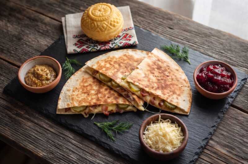 Quesadilla po góralsku czyli tortilla obłożona boczkiem, plasterkami ogórka kiszonego oraz ze startym oscypkiem, a następnie przykryta drugą tortilla i podgrzana na patelni.
