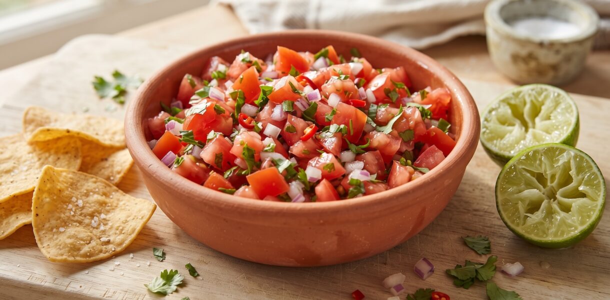 Salsa pomidorowa przygotowana z drobno pokrojonych dojrzałych pomidorów, papryczki jalapeno, czerwonej cebuli, dymki i świeżej kolendry skropionych obficie sokiem z limonki.