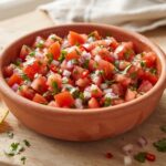 Salsa pomidorowa przygotowana z drobno pokrojonych dojrzałych pomidorów, papryczki jalapeno, czerwonej cebuli, dymki i świeżej kolendry skropionych obficie sokiem z limonki.