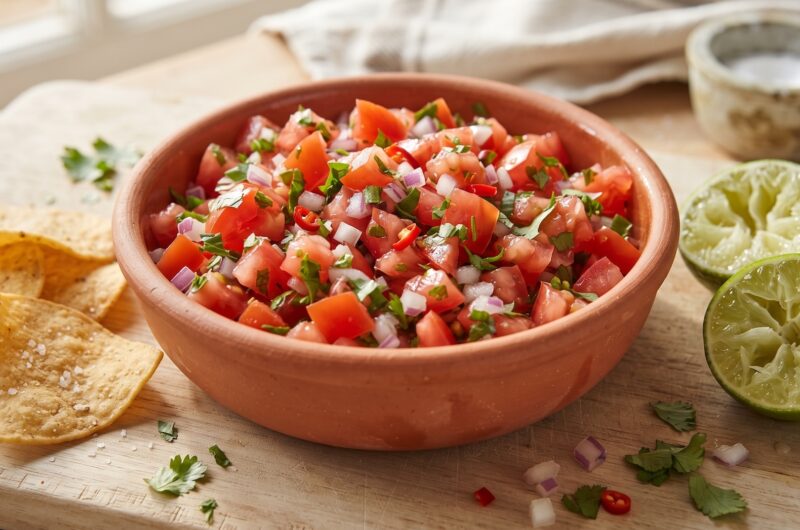 Salsa pomidorowa przygotowana z drobno pokrojonych dojrzałych pomidorów, papryczki jalapeno, czerwonej cebuli, dymki i świeżej kolendry skropionych obficie sokiem z limonki.