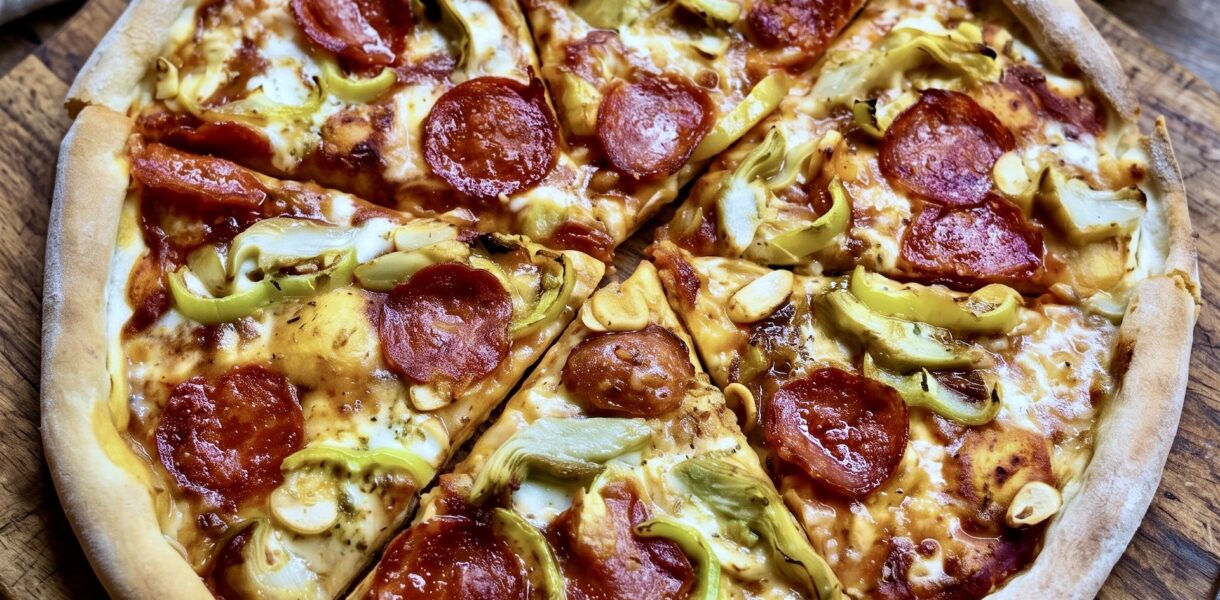 Domowa pizza na własnoręcznie przygotowanym cieście z dodatkiem domowej roboty sosem pomidorowym oraz pysznym salami pepperoni.