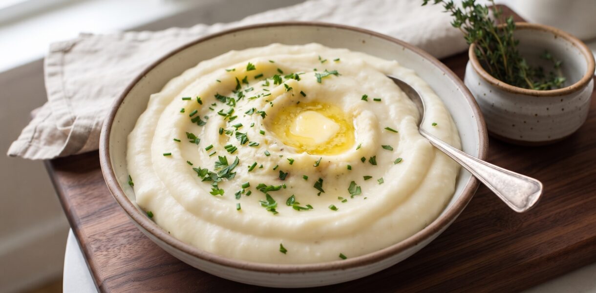 Puree z ziemniaków ugotowanych i bardzo dobrze ugniecionych na gładką masę z dodatkiem masła i mleka oraz z czosnkiem i dymką.