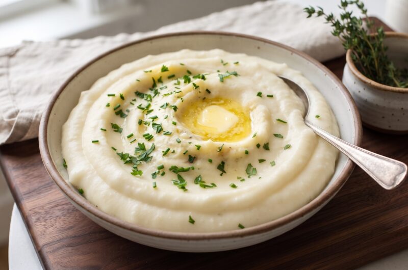 Puree z ziemniaków ugotowanych i bardzo dobrze ugniecionych na gładką masę z dodatkiem masła i mleka oraz z czosnkiem i dymką.