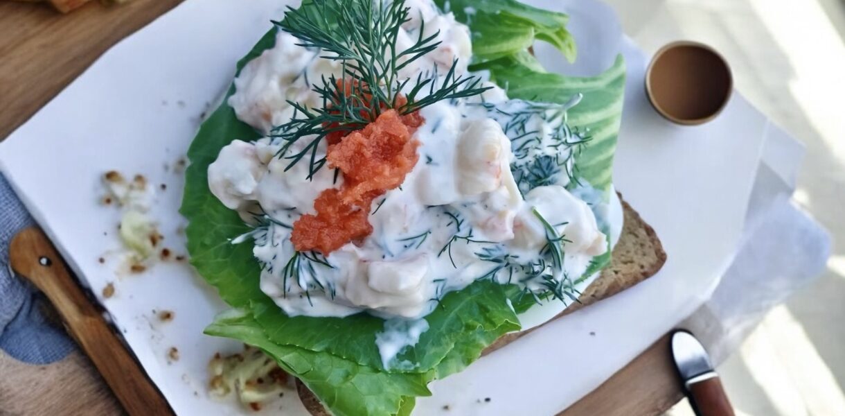 Tosty z krewetkami czyli kromki chleba tostowego obłożone krótko smażonymi krewetkami podanymi w sosie jogurtowo majonezowym i posypanymi świeżym koperkiem.