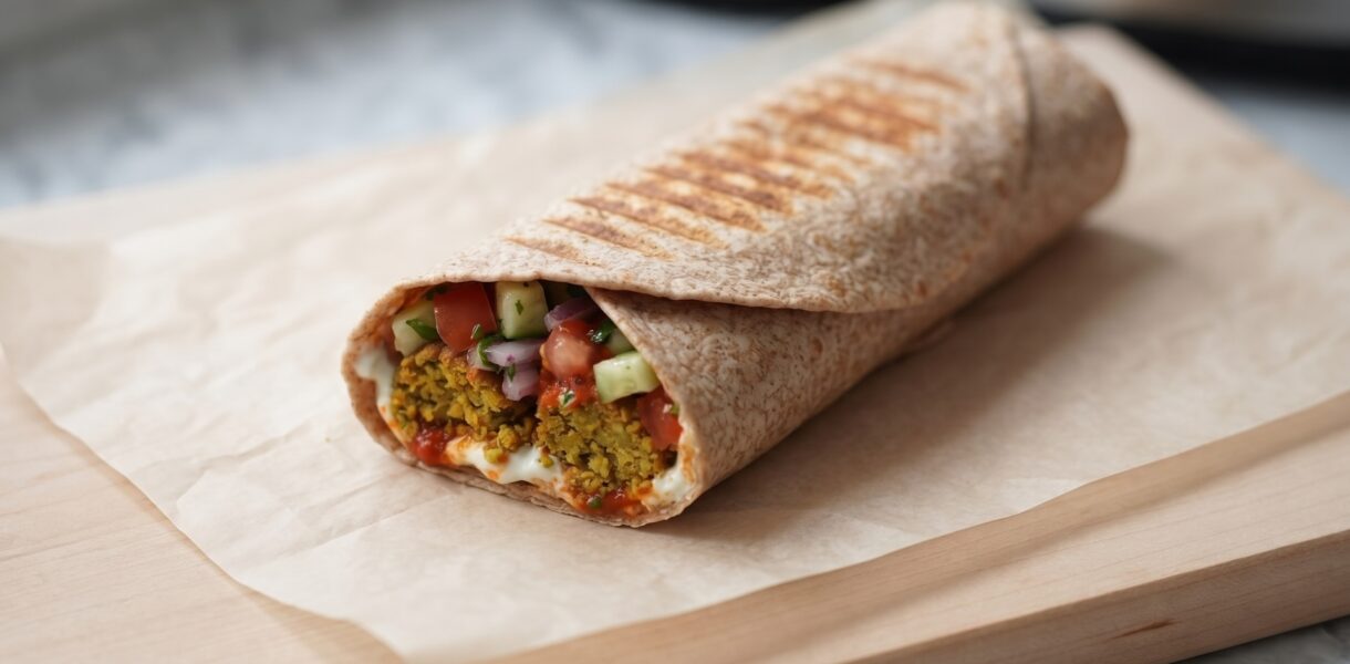 Wrapy czyli tortille wypełnione falafelami kotlecikami z ciecierzycy, krojonymi warzywami, gęstym jogurtem i sosem sambal, a następnie zawijane i podgrzewane.