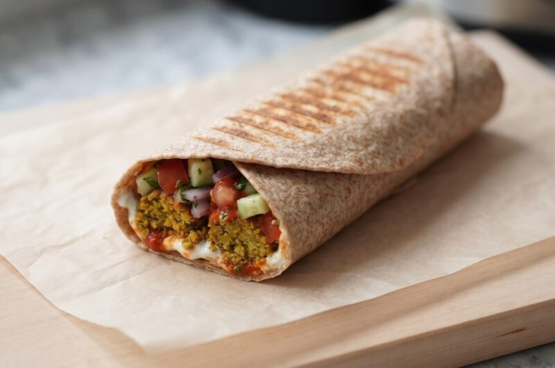 Wrapy czyli tortille wypełnione falafelami kotlecikami z ciecierzycy, krojonymi warzywami, gęstym jogurtem i sosem sambal, a następnie zawijane i podgrzewane.