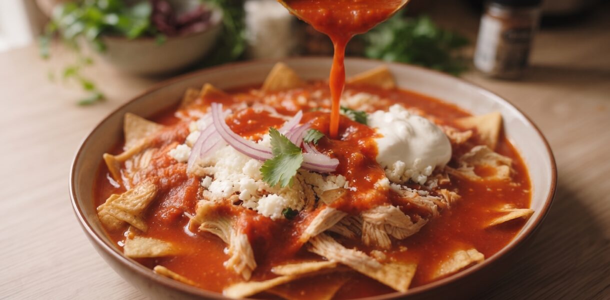 Chilaquiles z czipsów kukurydzianych polanych sosem przygotowanym z dodatkiem ostrych papryczek i pomidorów. To popularne danie na meksykańskie śniadanie podaje się z gotowanym poszarpanym mięsem z kurczaka.