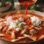 Chilaquiles z czipsów kukurydzianych polanych sosem przygotowanym z dodatkiem ostrych papryczek i pomidorów. To popularne danie na meksykańskie śniadanie podaje się z gotowanym poszarpanym mięsem z kurczaka.