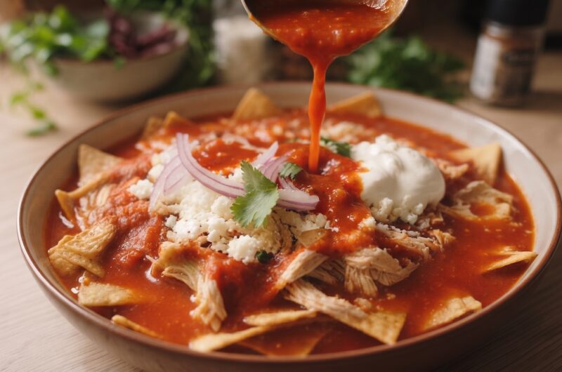 Chilaquiles z czipsów kukurydzianych polanych sosem przygotowanym z dodatkiem ostrych papryczek i pomidorów. To popularne danie na meksykańskie śniadanie podaje się z gotowanym poszarpanym mięsem z kurczaka.