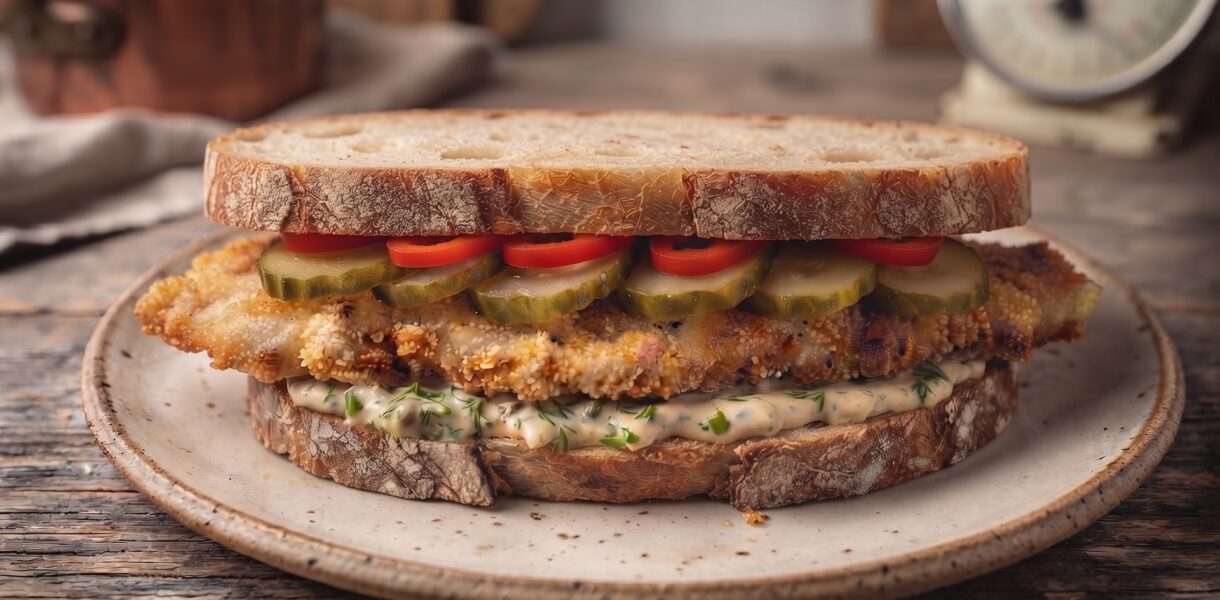 Schabowy z kurczaka to kotlet wycięty z piersi kurczaka panierowany i smażony jak tradycyjny kotlet schabowy, podany jednak na kromce chleba razem z krojonym domowym ogórkiem kiszonym.