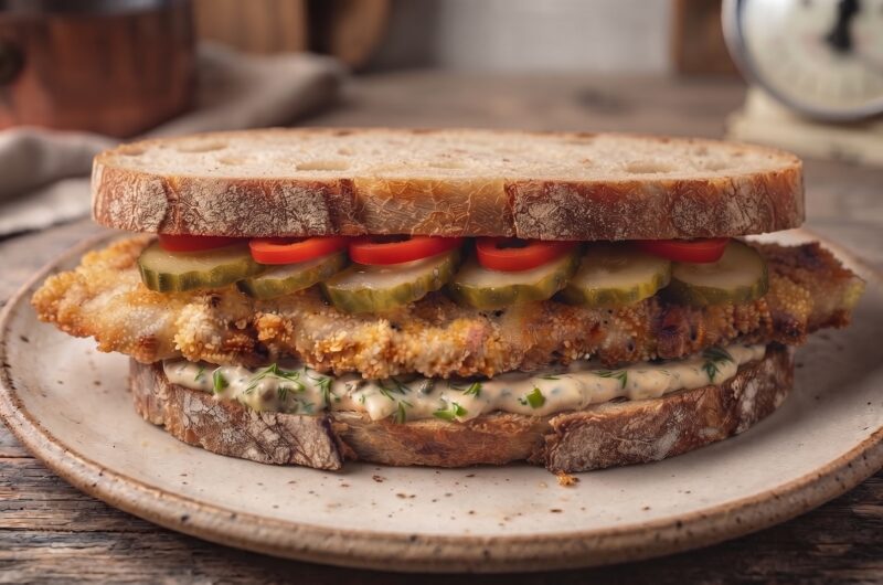 Schabowy z kurczaka to kotlet wycięty z piersi kurczaka panierowany i smażony jak tradycyjny kotlet schabowy, podany jednak na kromce chleba razem z krojonym domowym ogórkiem kiszonym.