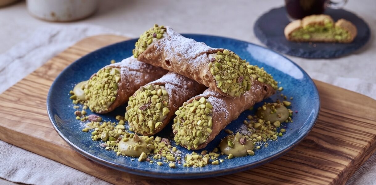cannoli z kremem pistacjowym na talerzu