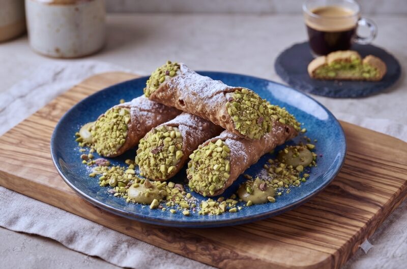 cannoli z kremem pistacjowym na talerzu