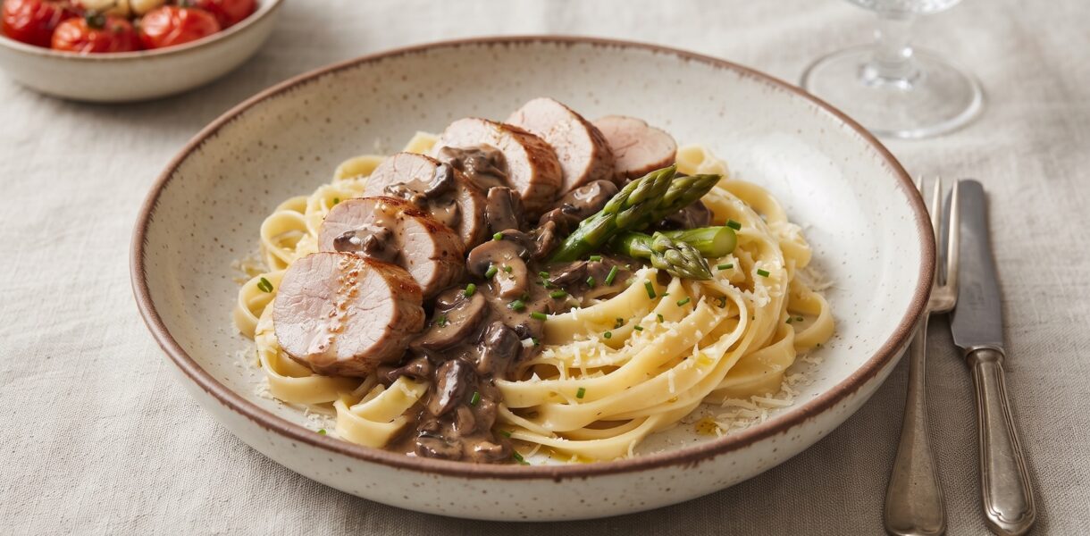 Polędwiczka wieprzowa obsmażona i duszona z grzybami suszonymi w krótkim sosie, a następnie krojona w plastry i podawana na makaronie tagliatelle.