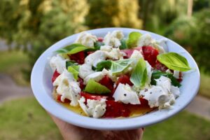 Sałatka caprese składa się z pomidorów, sera mozzarella, bazylii i dużej ilości oliwy ekstra vergine 