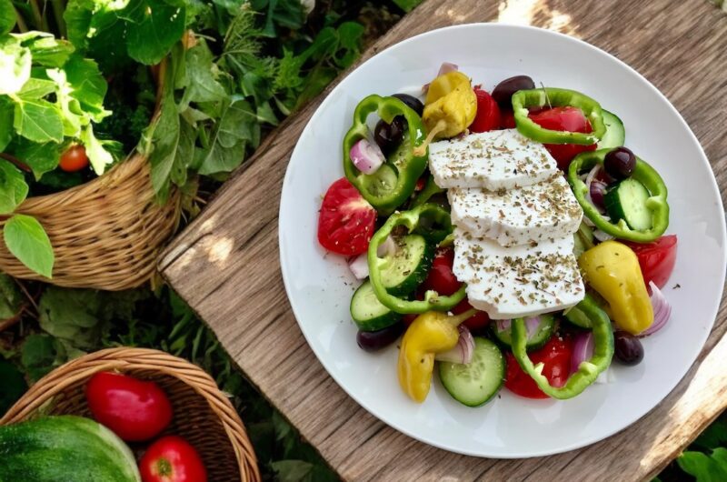 Sałatka kreteńska z pikantnym akcentem, czyli sałatka z pomidorów, ogórków, papryki, ostrych marynowanych papryczek z serem feta i oliwkami