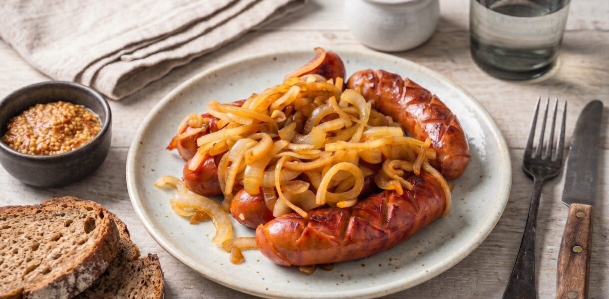 kiełbasa smażona z cebulą na talerzu