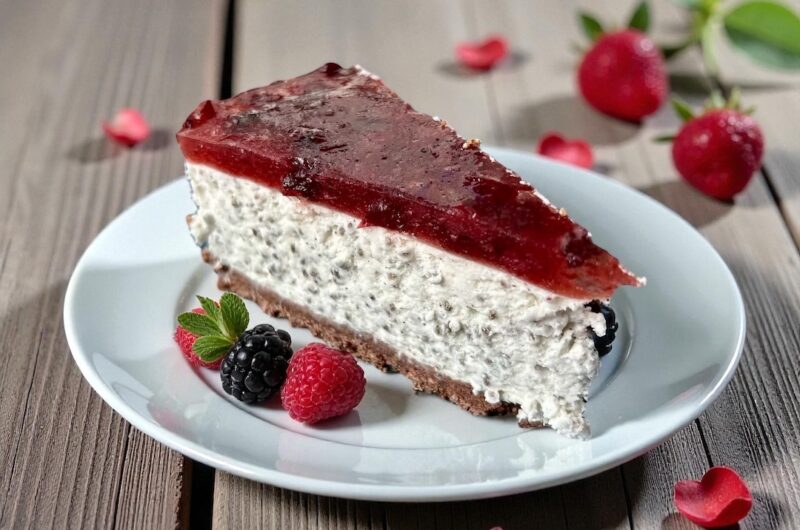 sernik chia z musem owocowym kawałek na talerzu obok świeże maliny i borówki